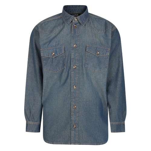 Tint wash denim shirt laid flat, front view.